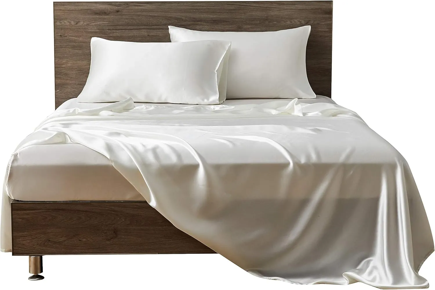 100% Pure Silk Satin Sheet Set 4pcs Silk Flat Sheet Silk Fitted Sheet 15" Deep Pocket Mattress fit,& Pillowcases Cool Silk Sheets|Wrinkle Free Fade Resistant | Ivory | Queen