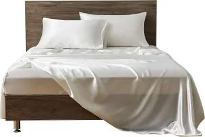 100% Pure Silk Satin Sheet Set 4pcs Silk Flat Sheet Silk Fitted Sheet 15" Deep Pocket Mattress fit,& Pillowcases Cool Silk Sheets|Wrinkle Free Fade Resistant | Ivory | Queen