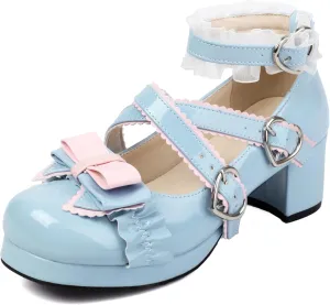 100FIXEO Women's Kawaii Platform Ankle Strap Chunky Heel Mary Jane Pumps Cute Closed Toe Goth Strappy Bow Lace Party Dress Shoes
