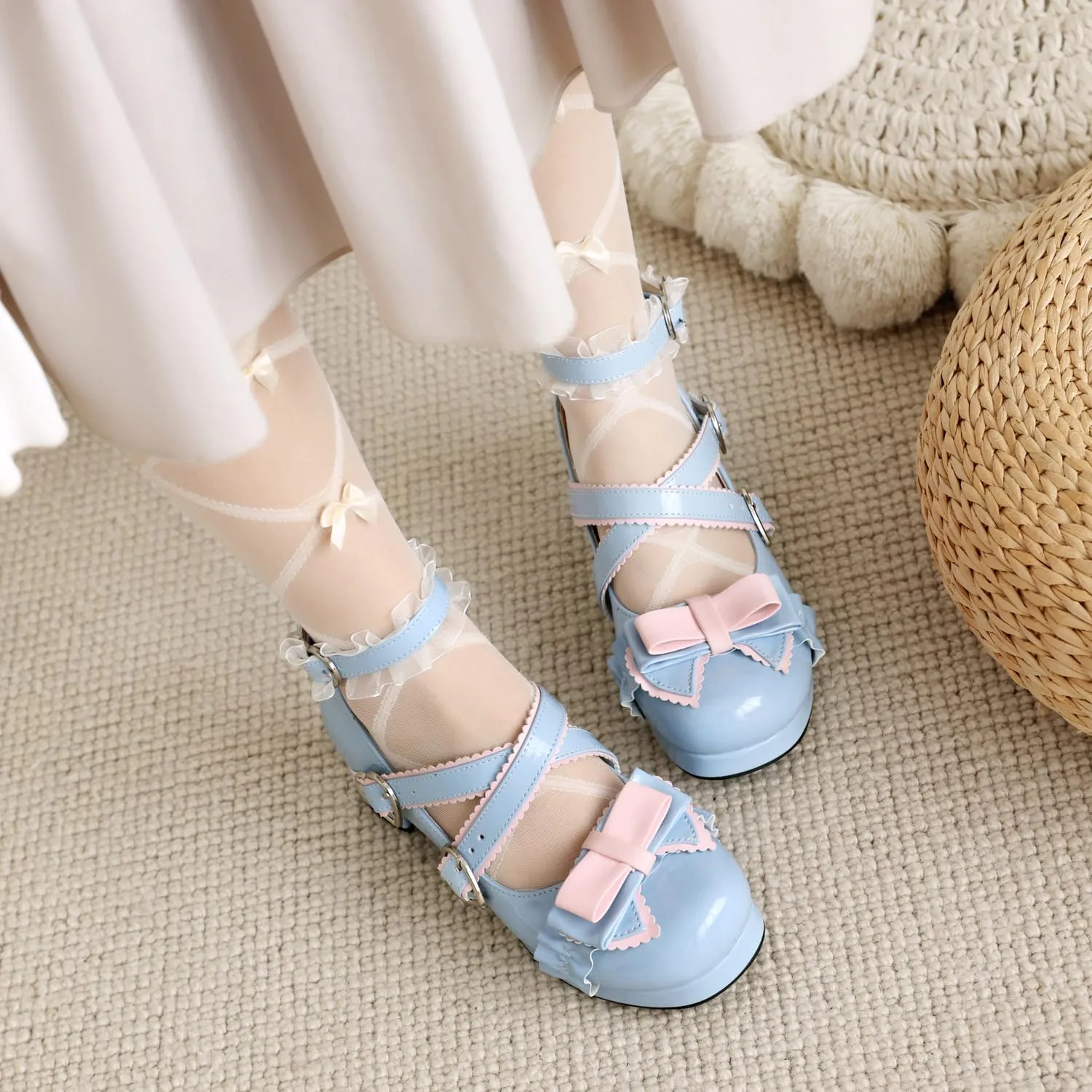100FIXEO Women's Kawaii Platform Ankle Strap Chunky Heel Mary Jane Pumps Cute Closed Toe Goth Strappy Bow Lace Party Dress Shoes