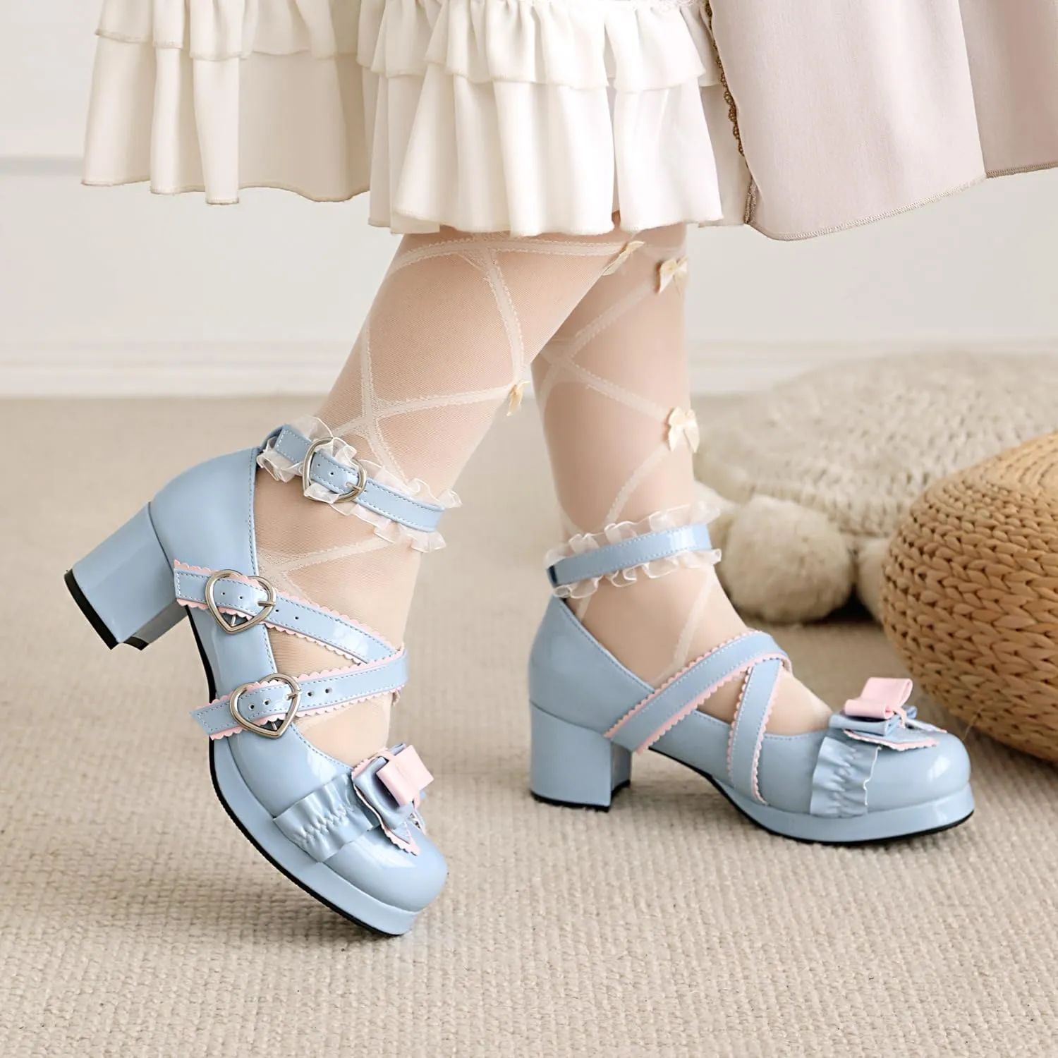 100FIXEO Women's Kawaii Platform Ankle Strap Chunky Heel Mary Jane Pumps Cute Closed Toe Goth Strappy Bow Lace Party Dress Shoes