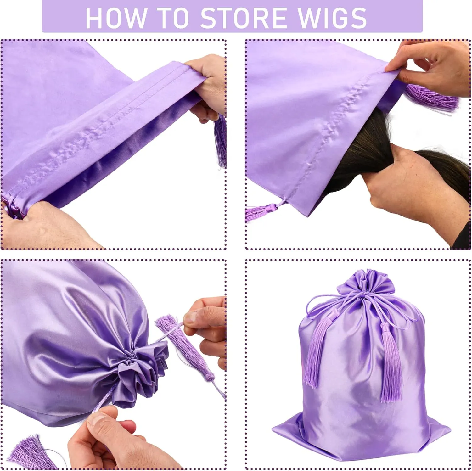 12 Pcs Silk Satin Wig Storage Bag With Drawstring Tassel Packaging for Bundles Hair Extensions and Hair Tools Multipurpose Large Bags in Purple Color