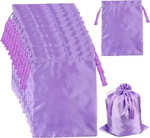 12 Pcs Silk Satin Wig Storage Bag With Drawstring Tassel Packaging for Bundles Hair Extensions and Hair Tools Multipurpose Large Bags in Purple Color