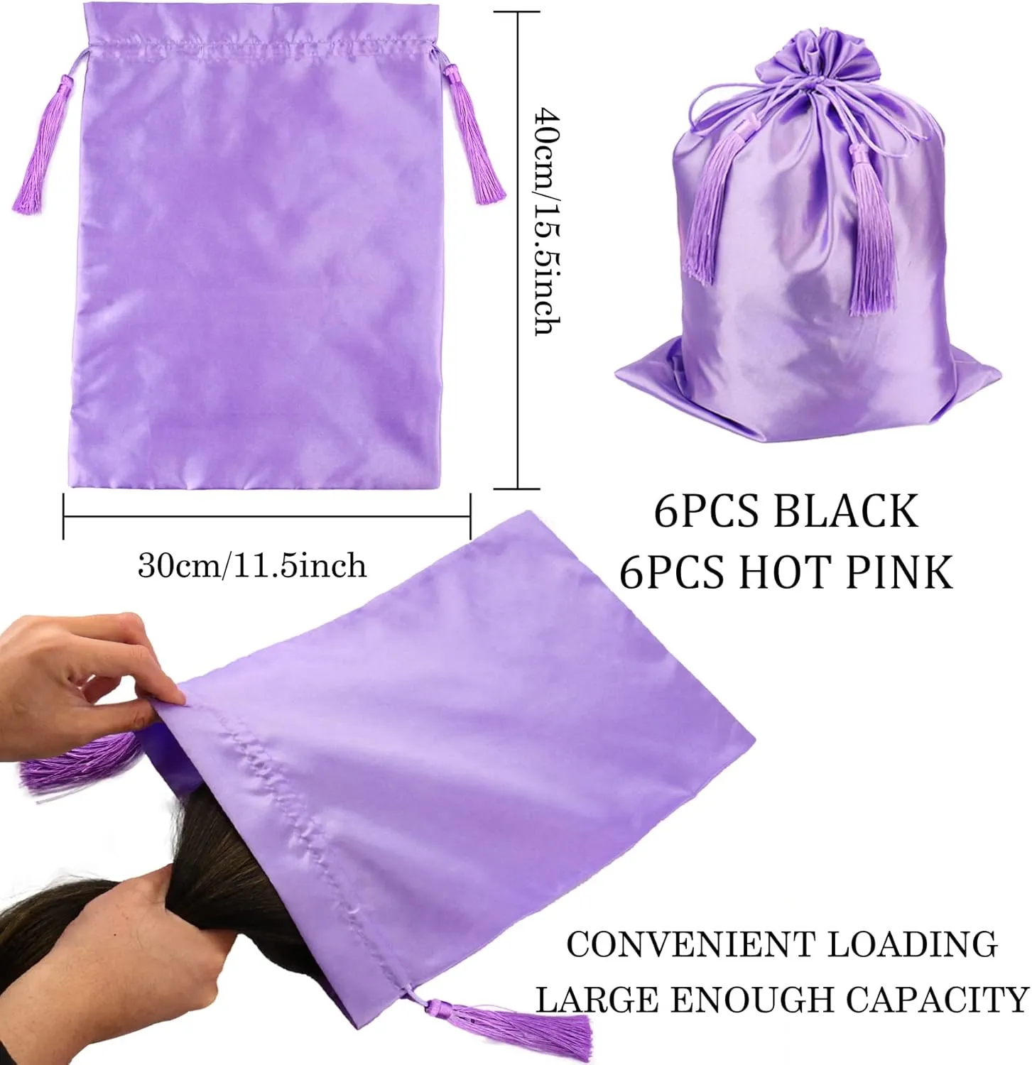 12 Pcs Silk Satin Wig Storage Bag With Drawstring Tassel Packaging for Bundles Hair Extensions and Hair Tools Multipurpose Large Bags in Purple Color