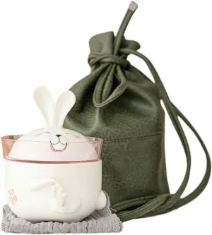 150Ml/5oz Long-Eared Rabbit Hand-Painted Ceramic Quick Cup, Portable Travel Tea Set - 1 Pot 1 Cup [Crossbody Bag]
