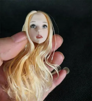 1/6 Scale Female Head Sculpt,12inch Figure Doll Accessories Pale Skin Loli Girl Blonde Hair PVC Woman Soldier Head Carving Model Fit 12'' Miniature Action Figure Body