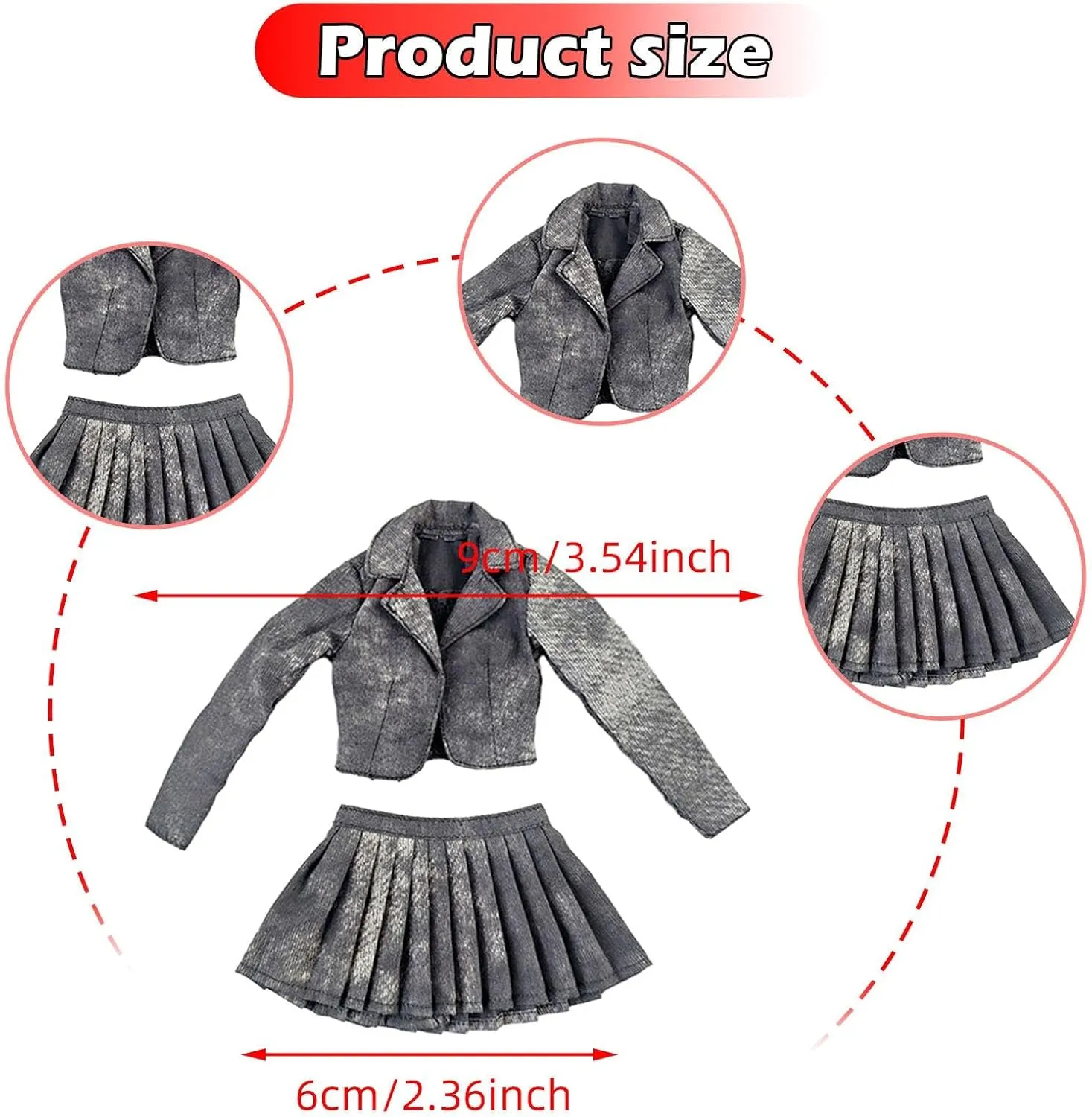 1/6 Scale Short Jacket Pleated Skirt Set Miniature Short Suit Set Fashion Fancy Dress Props Doll Clothes for Action Figure , Black Gray
