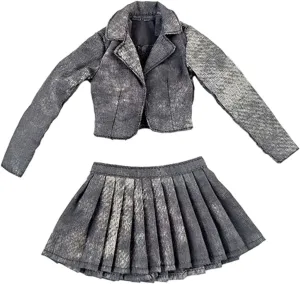 1/6 Scale Short Jacket Pleated Skirt Set Miniature Short Suit Set Fashion Fancy Dress Props Doll Clothes for Action Figure , Black Gray