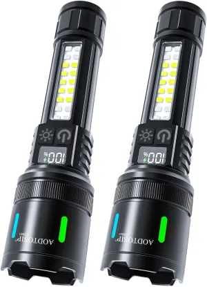 2 Pack 100,000LM High Lumens COB LED Rechargeable Flashlights,Super Bright Flash Light, Zoomable 5 Modes,LCD Digital Display,USB Charging, Powerful Handheld LED Flashlight for Emergencies Camping