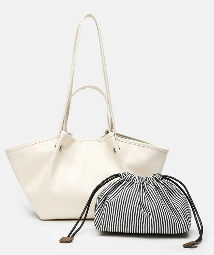 2 Pcs Tote Bag for Women 2025 Trendy Pleated Shoulder Bags PU Leather Work Travel Purses Ladies Top Handle Handbags