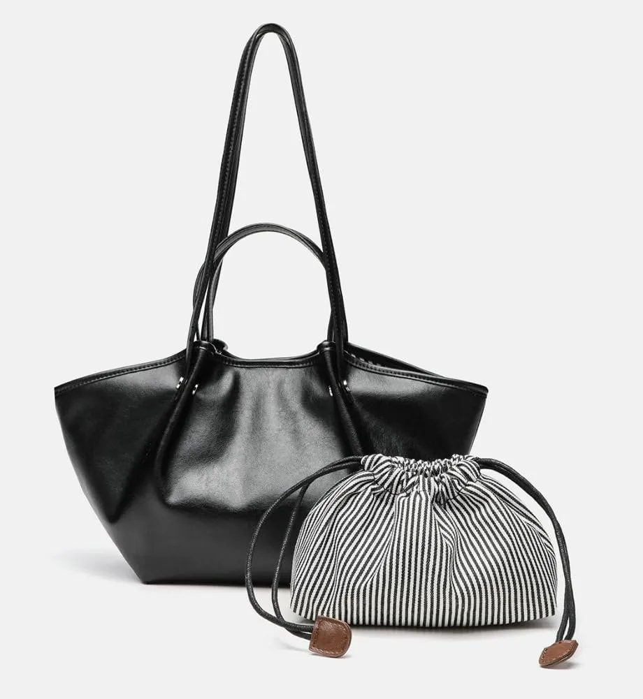 2 Pcs Tote Bag for Women 2025 Trendy Pleated Shoulder Bags PU Leather Work Travel Purses Ladies Top Handle Handbags