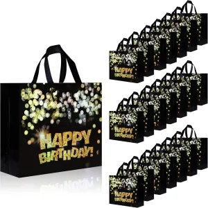 22 pcs Black Birthday Gift Bags with Bases, 12.6 x 4.7 x 11 In Large Happy Birthday Party Bags with Gold Shiny Polka Dot, Non-woven Reusable Gift Bag for Girls, Boys, Women, Men