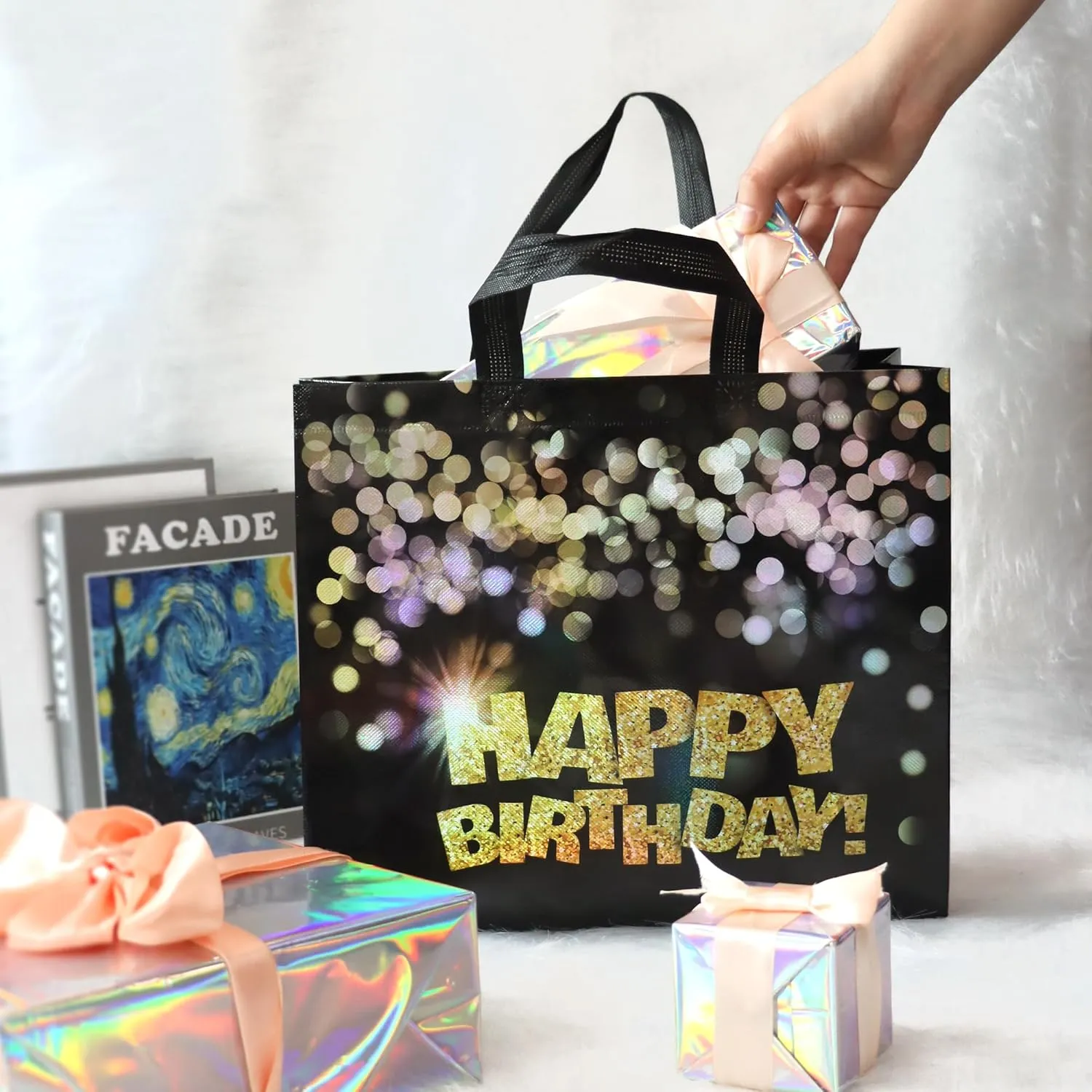 22 pcs Black Birthday Gift Bags with Bases, 12.6 x 4.7 x 11 In Large Happy Birthday Party Bags with Gold Shiny Polka Dot, Non-woven Reusable Gift Bag for Girls, Boys, Women, Men