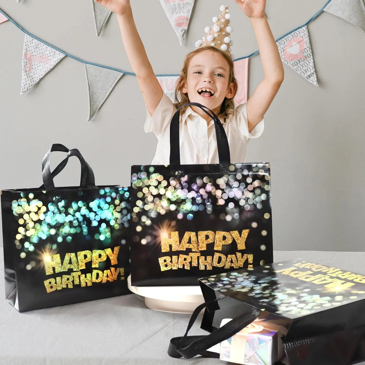 22 pcs Black Birthday Gift Bags with Bases, 12.6 x 4.7 x 11 In Large Happy Birthday Party Bags with Gold Shiny Polka Dot, Non-woven Reusable Gift Bag for Girls, Boys, Women, Men