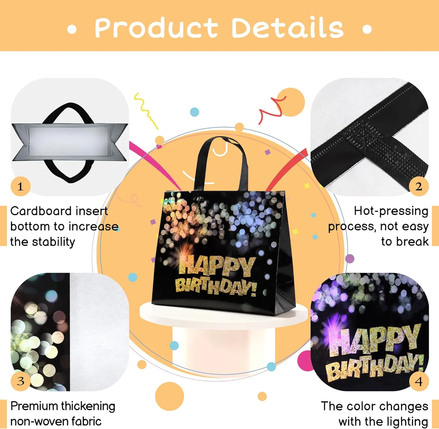 22 pcs Black Birthday Gift Bags with Bases, 12.6 x 4.7 x 11 In Large Happy Birthday Party Bags with Gold Shiny Polka Dot, Non-woven Reusable Gift Bag for Girls, Boys, Women, Men