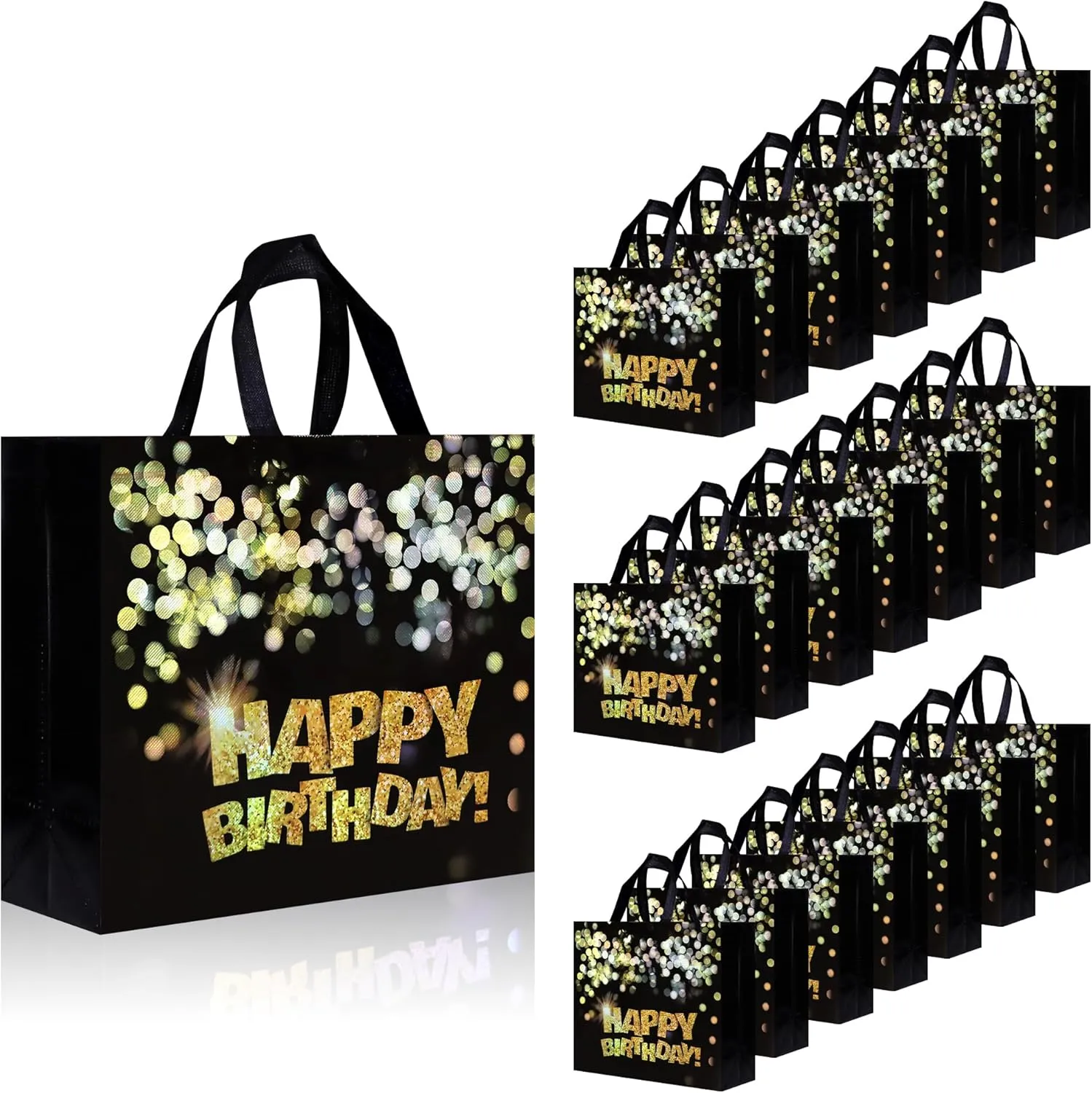 22 pcs Black Birthday Gift Bags with Bases, 12.6 x 4.7 x 11 In Large Happy Birthday Party Bags with Gold Shiny Polka Dot, Non-woven Reusable Gift Bag for Girls, Boys, Women, Men