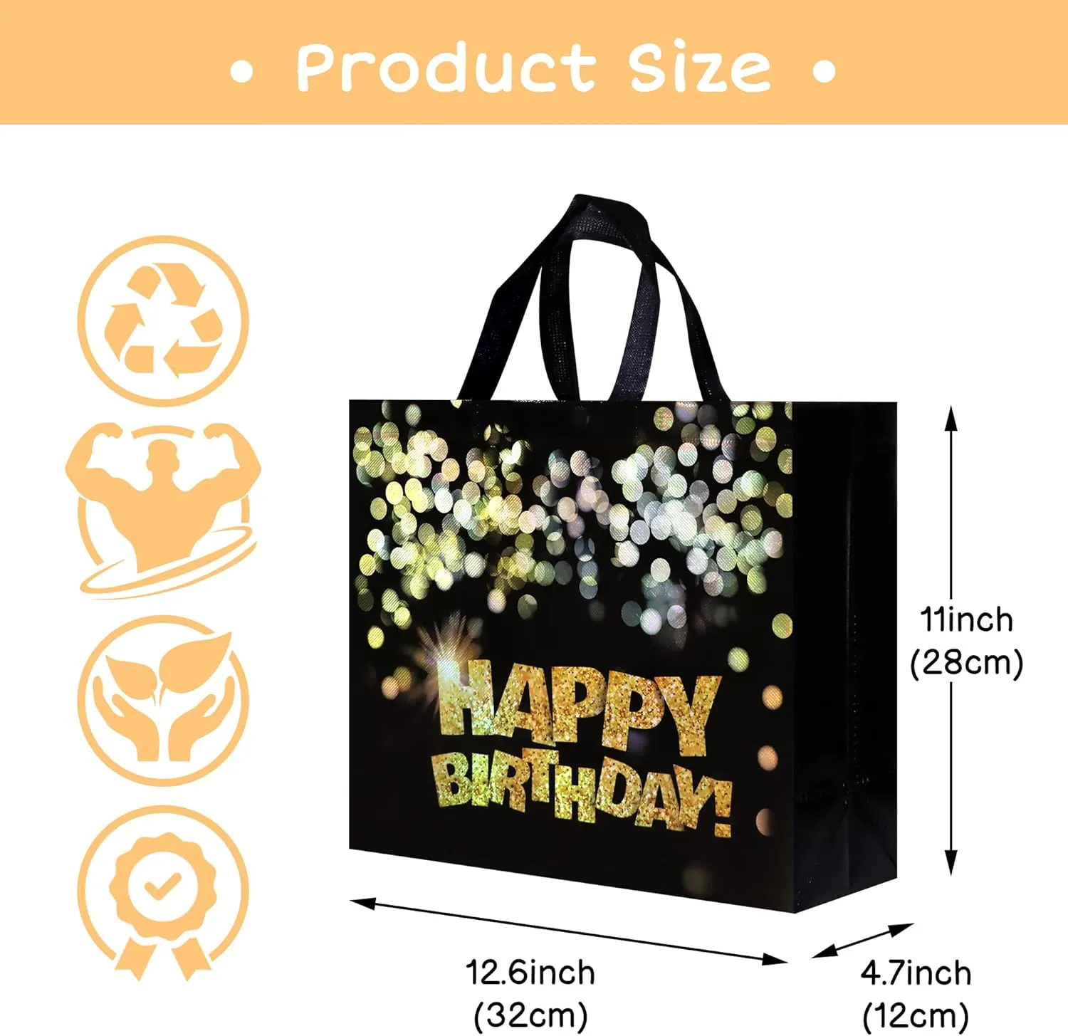22 pcs Black Birthday Gift Bags with Bases, 12.6 x 4.7 x 11 In Large Happy Birthday Party Bags with Gold Shiny Polka Dot, Non-woven Reusable Gift Bag for Girls, Boys, Women, Men