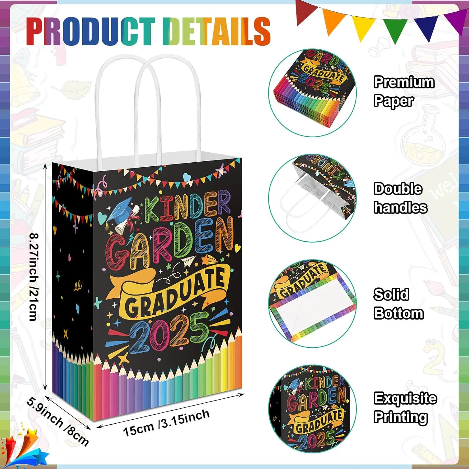 24 Pcs Kindergarten Graduation Gift Bags 2025 Preschool Grad Themed Party Congrat Goodie Bags with Handle for Kindergarten Preschool Grad Party Gifts Supplies (Black)