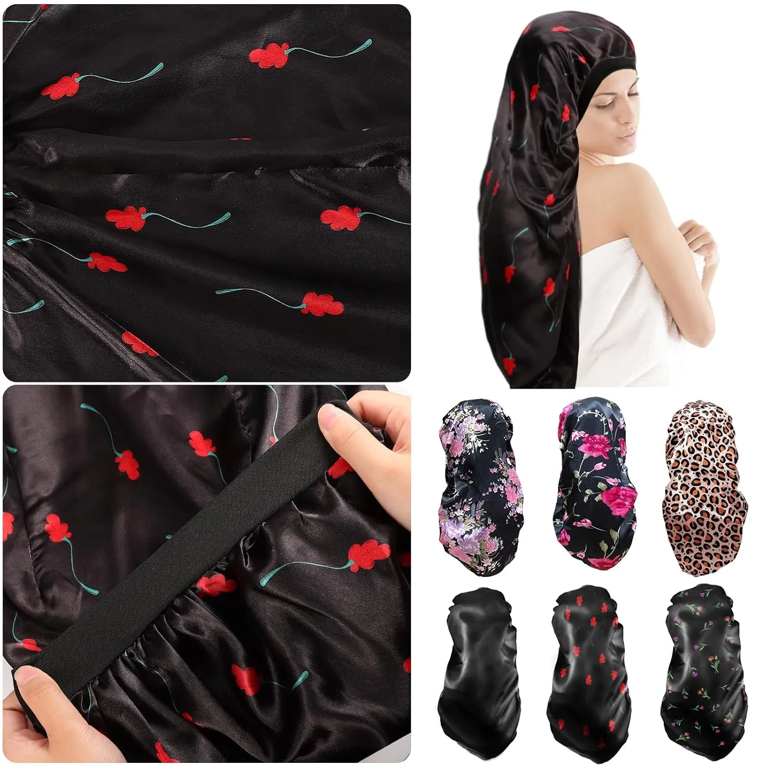 2Pcs Long Satin Bonnet Sleep Cap,Extra Large Braids Bonnets for Sleeping,Long Hair,Soft&Comfortable Elastic Band Bonnets for Women Night Sleep,Hair Bonnets for Women Satin (Black White Pattern)