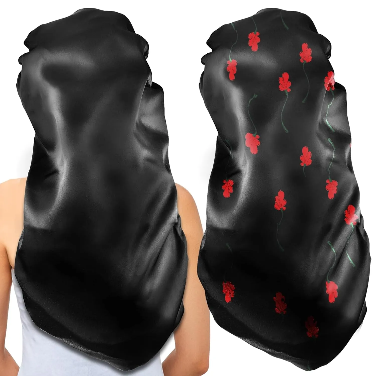 2Pcs Long Satin Bonnet Sleep Cap,Extra Large Braids Bonnets for Sleeping,Long Hair,Soft&Comfortable Elastic Band Bonnets for Women Night Sleep,Hair Bonnets for Women Satin (Black White Pattern)