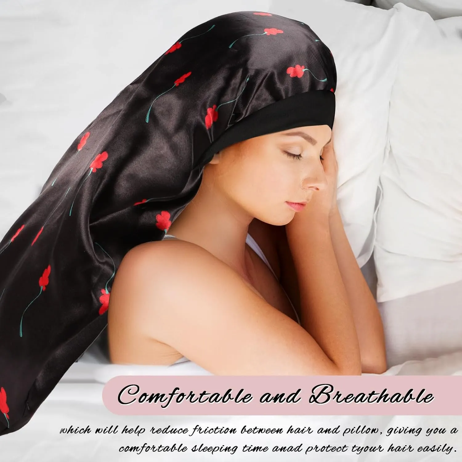 2Pcs Long Satin Bonnet Sleep Cap,Extra Large Braids Bonnets for Sleeping,Long Hair,Soft&Comfortable Elastic Band Bonnets for Women Night Sleep,Hair Bonnets for Women Satin (Black White Pattern)