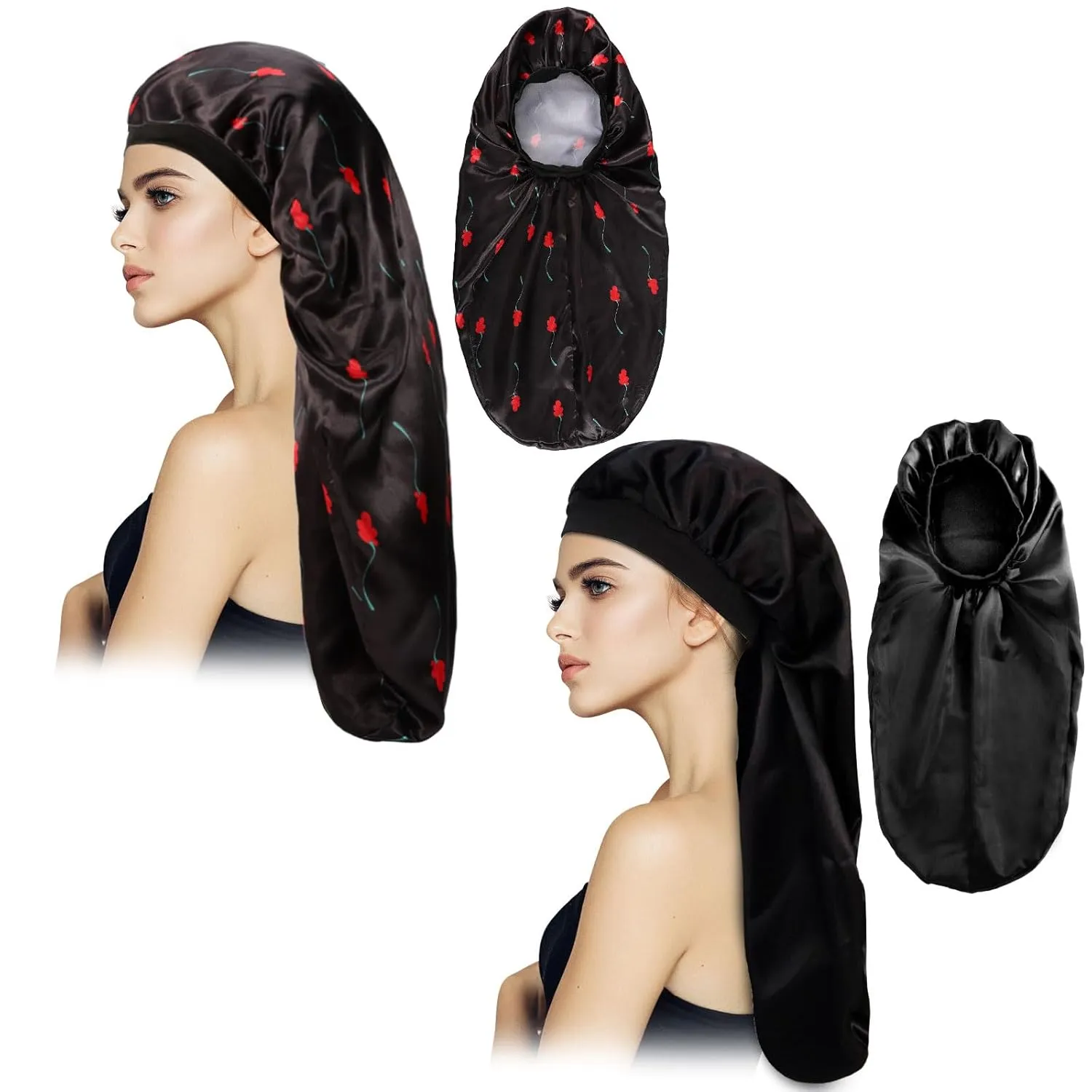 2Pcs Long Satin Bonnet Sleep Cap,Extra Large Braids Bonnets for Sleeping,Long Hair,Soft&Comfortable Elastic Band Bonnets for Women Night Sleep,Hair Bonnets for Women Satin (Black White Pattern)