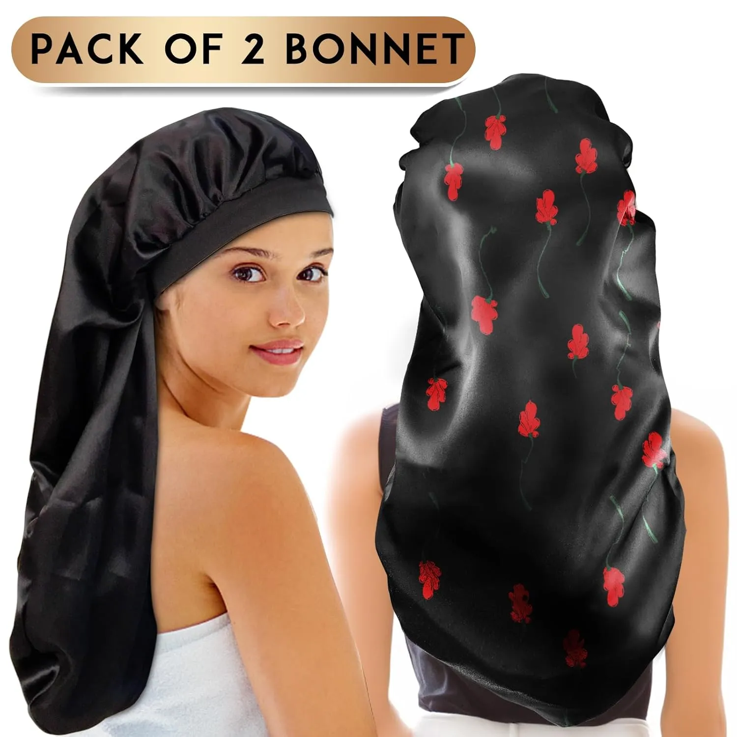 2Pcs Long Satin Bonnet Sleep Cap,Extra Large Braids Bonnets for Sleeping,Long Hair,Soft&Comfortable Elastic Band Bonnets for Women Night Sleep,Hair Bonnets for Women Satin (Black White Pattern)