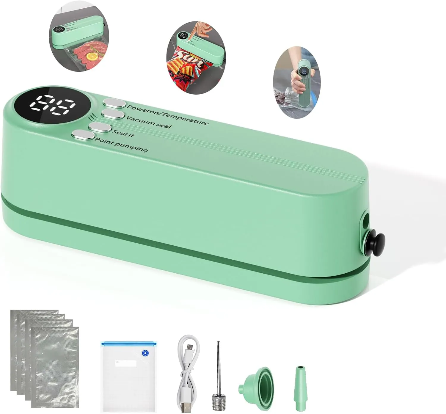3 in 1 Cordless Mini Vacuum Sealer Rechargeable Bag Sealer for Food Storage with 4 Snack Bags,Heat Sealer for Chips Bags,Handheld Vacuum Sealer for Food Preservation,Inflation Pump for Balls