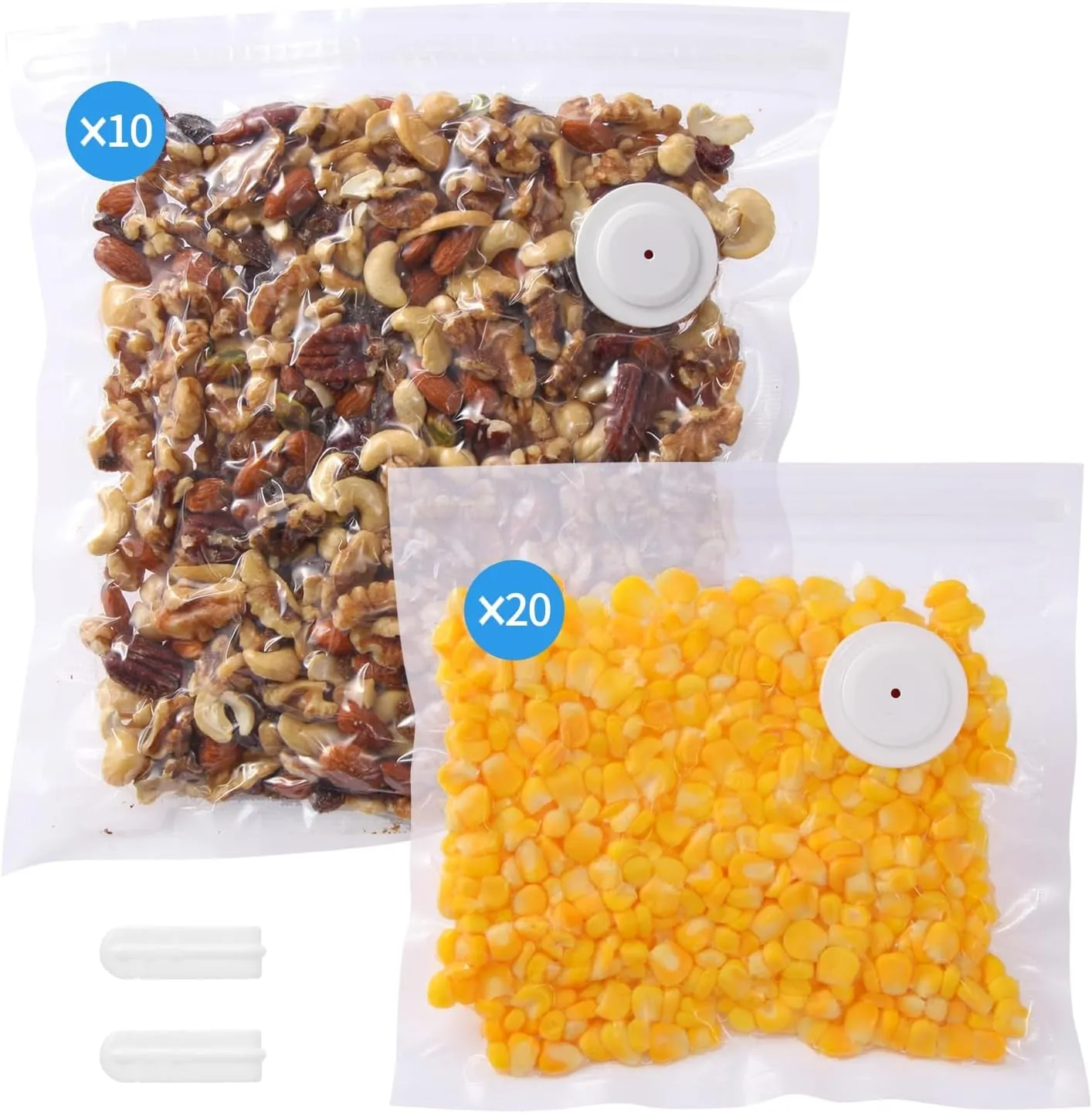 30 Upgraded Reusable Vacuum Sealer Bags(20p 8"X8", 10p 10"X11")   2 Clips, 1 Year Airtight, For Food Preservation and Storage, Sous Vide Cooking, BPA Free, Reinforced, 7.5mil Thick (No Pumper)