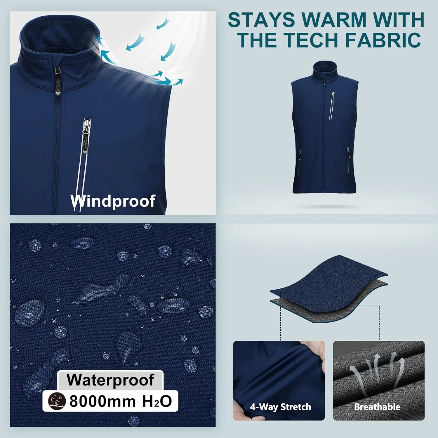 33,000ft Men's Windproof Lightweight Golf Vest Outerwear with Pockets, Softshell Sleeveless Jacket for Running Hiking Sports