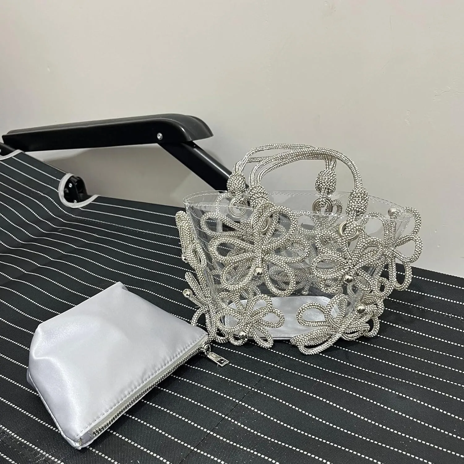 3d Rhinestone Flower Evening Tote Bag Fashion Transparent Top Handle Hobo Clutch Bag