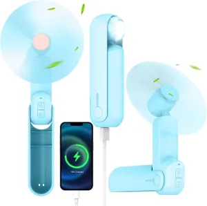 4 IN 1 Portable Mini Handheld Fan,Personal Foldable Cooling Hand Fan, Pocket Fan,Desk Fan,Flashlight,Power Bank,Table Lamp,Camping Travel Beach Gifts, Birthday Gifts for Women Mom(Light blue)
