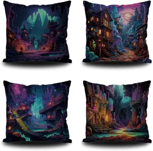 4Pcs Halloween Throw Pillow Covers 18x18 Inch Menacing Haunted Mines Throw Pillow Case Linen Square Cushion Covers for Horror Theme Party Decor Living Room Decor