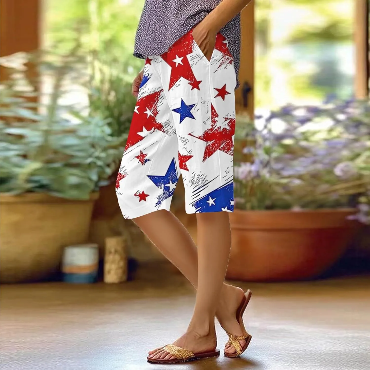 4th of July Bermuda Linen Shorts for Women Wide Leg Knee Length Long Shorts Summer Loose American Flag Printed Pants