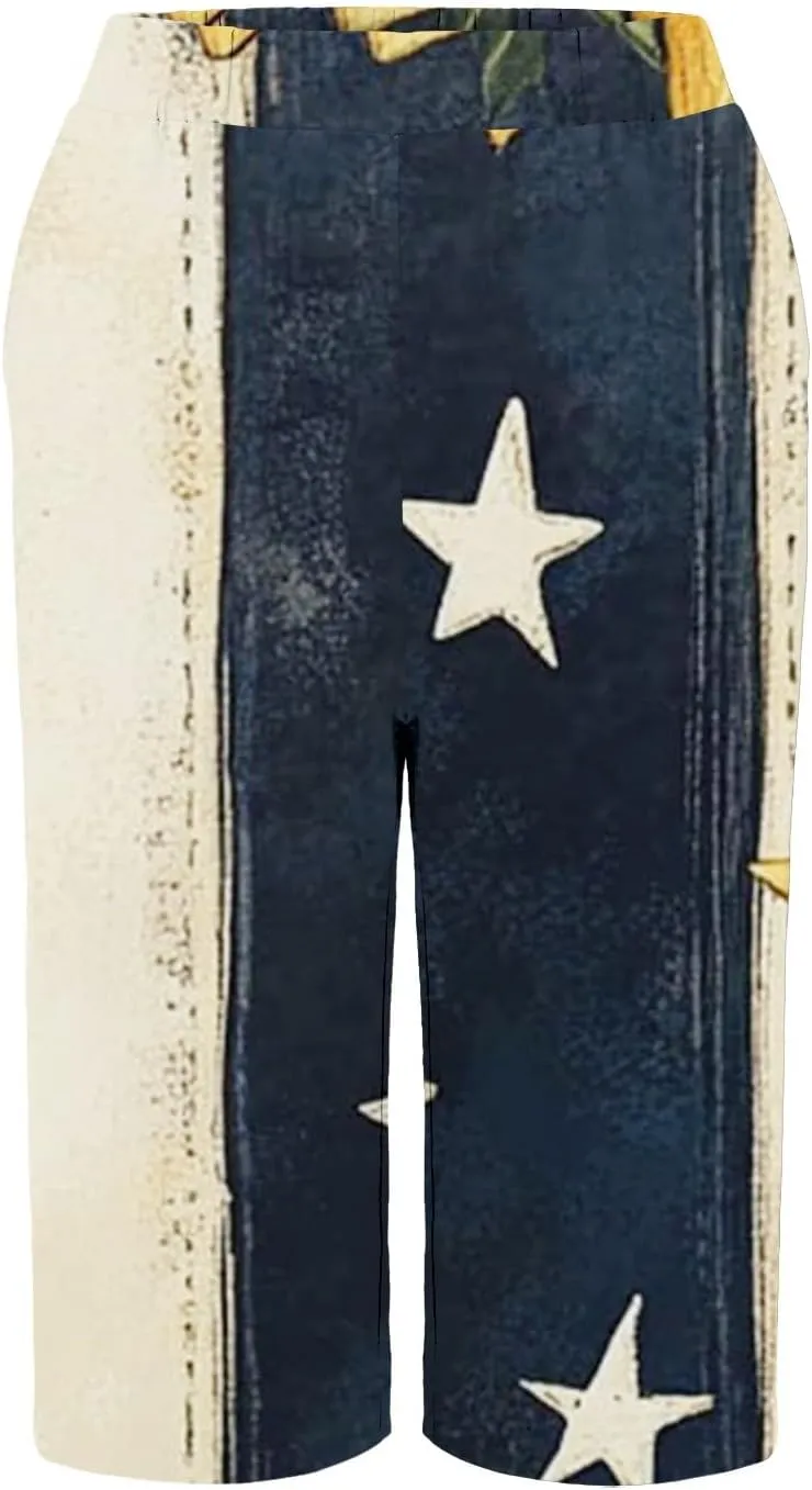 4th of July Bermuda Linen Shorts for Women Wide Leg Knee Length Long Shorts Summer Loose American Flag Printed Pants
