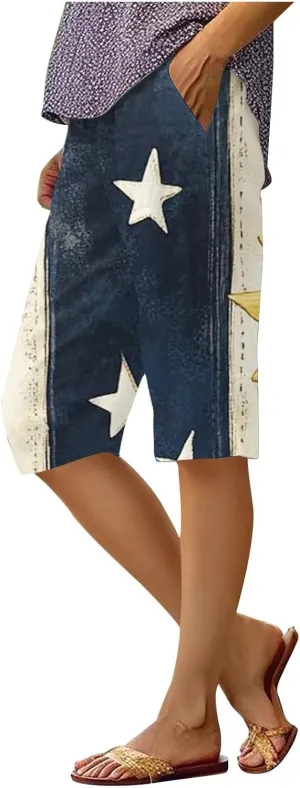 4th of July Bermuda Linen Shorts for Women Wide Leg Knee Length Long Shorts Summer Loose American Flag Printed Pants