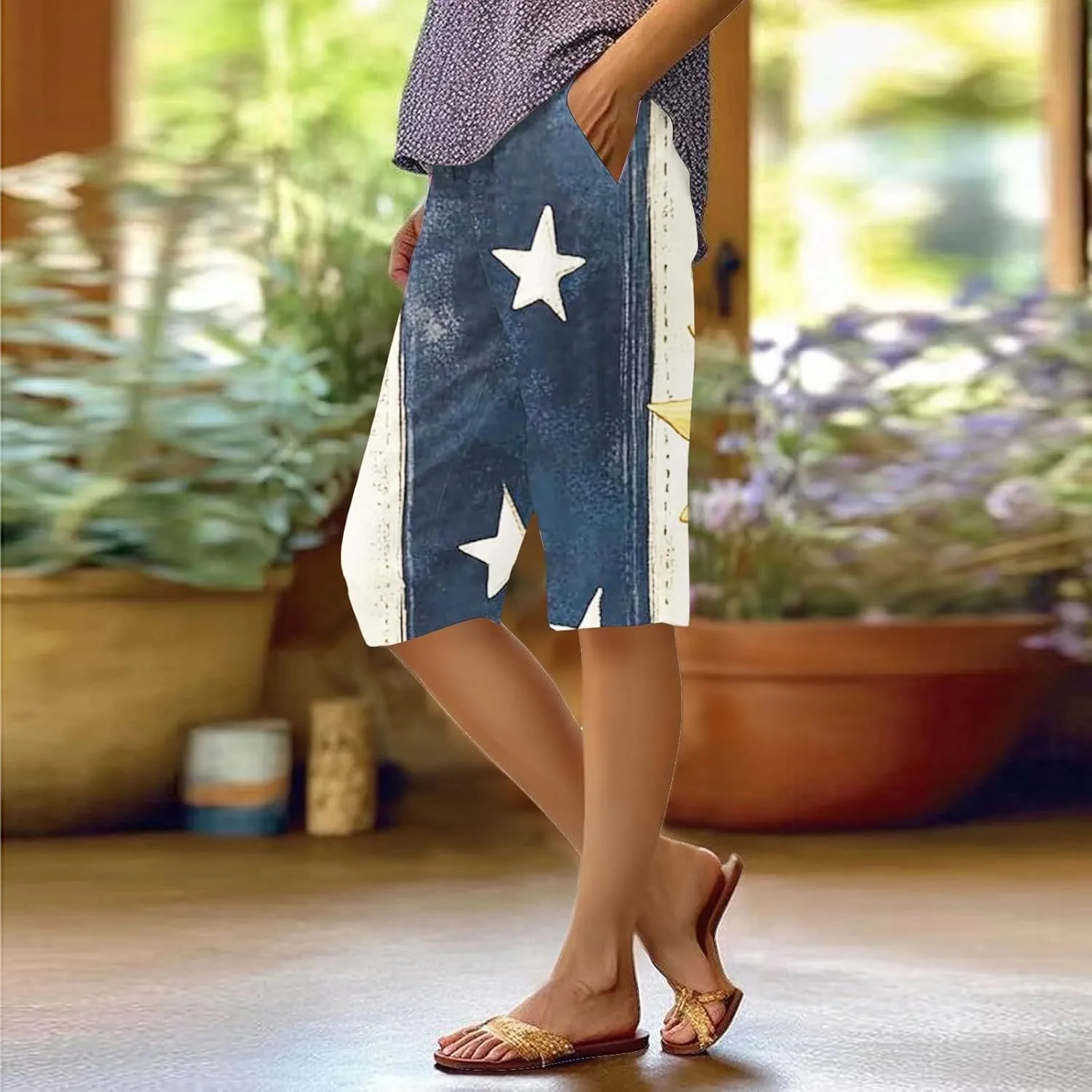 4th of July Bermuda Linen Shorts for Women Wide Leg Knee Length Long Shorts Summer Loose American Flag Printed Pants