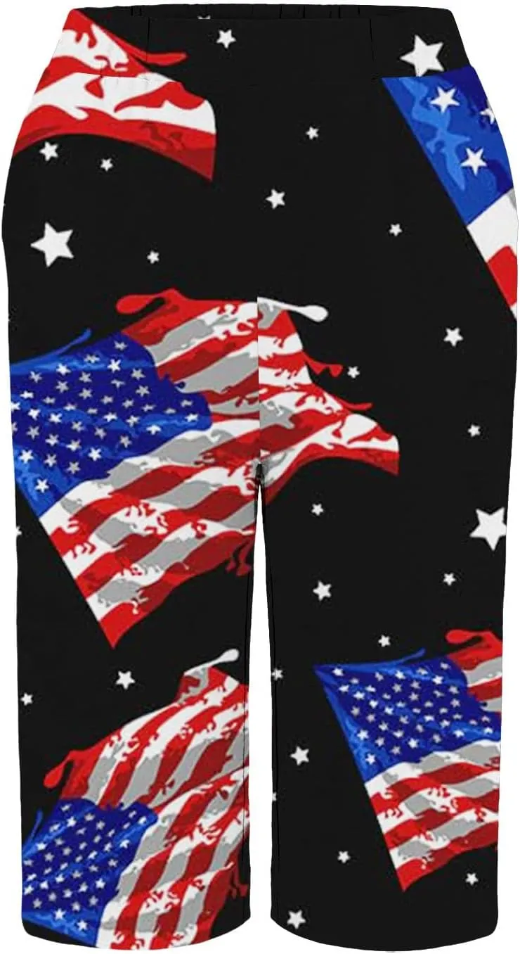 4th of July Linen Capri Shorts for Women High Waisted Wide Leg Lounge Pants Comfy Patriotic Trousers Casual Resort Wear