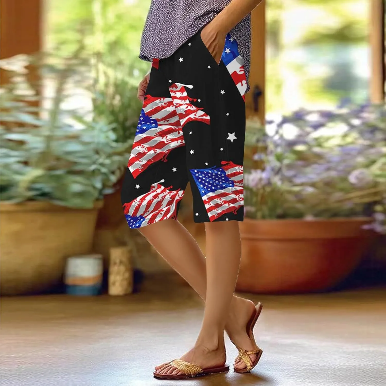 4th of July Linen Capri Shorts for Women High Waisted Wide Leg Lounge Pants Comfy Patriotic Trousers Casual Resort Wear