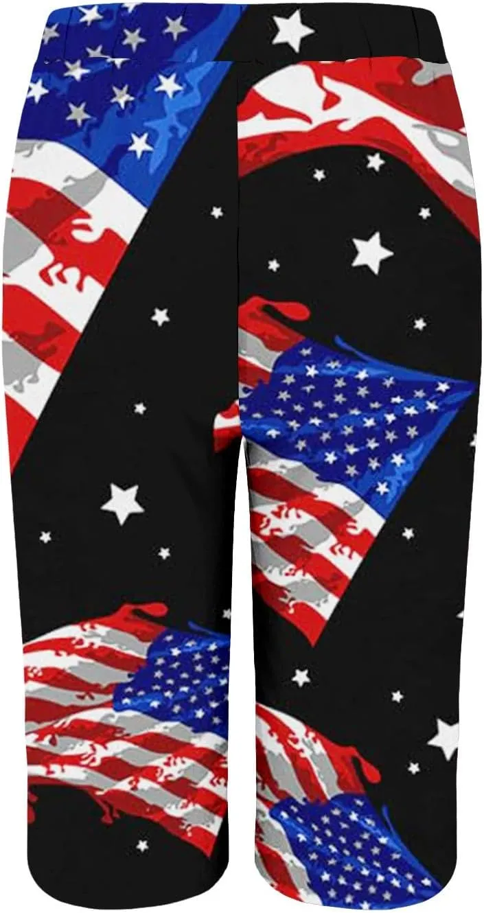 4th of July Linen Capri Shorts for Women High Waisted Wide Leg Lounge Pants Comfy Patriotic Trousers Casual Resort Wear