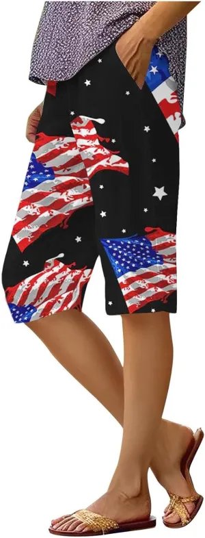 4th of July Linen Capri Shorts for Women High Waisted Wide Leg Lounge Pants Comfy Patriotic Trousers Casual Resort Wear