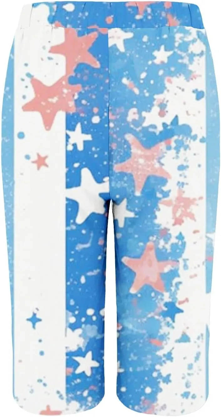 4th of July Linen Shorts for Women Knee Length Patriotic Bermuda Shorts Summer Casual Loose Beach Pants with Pockets