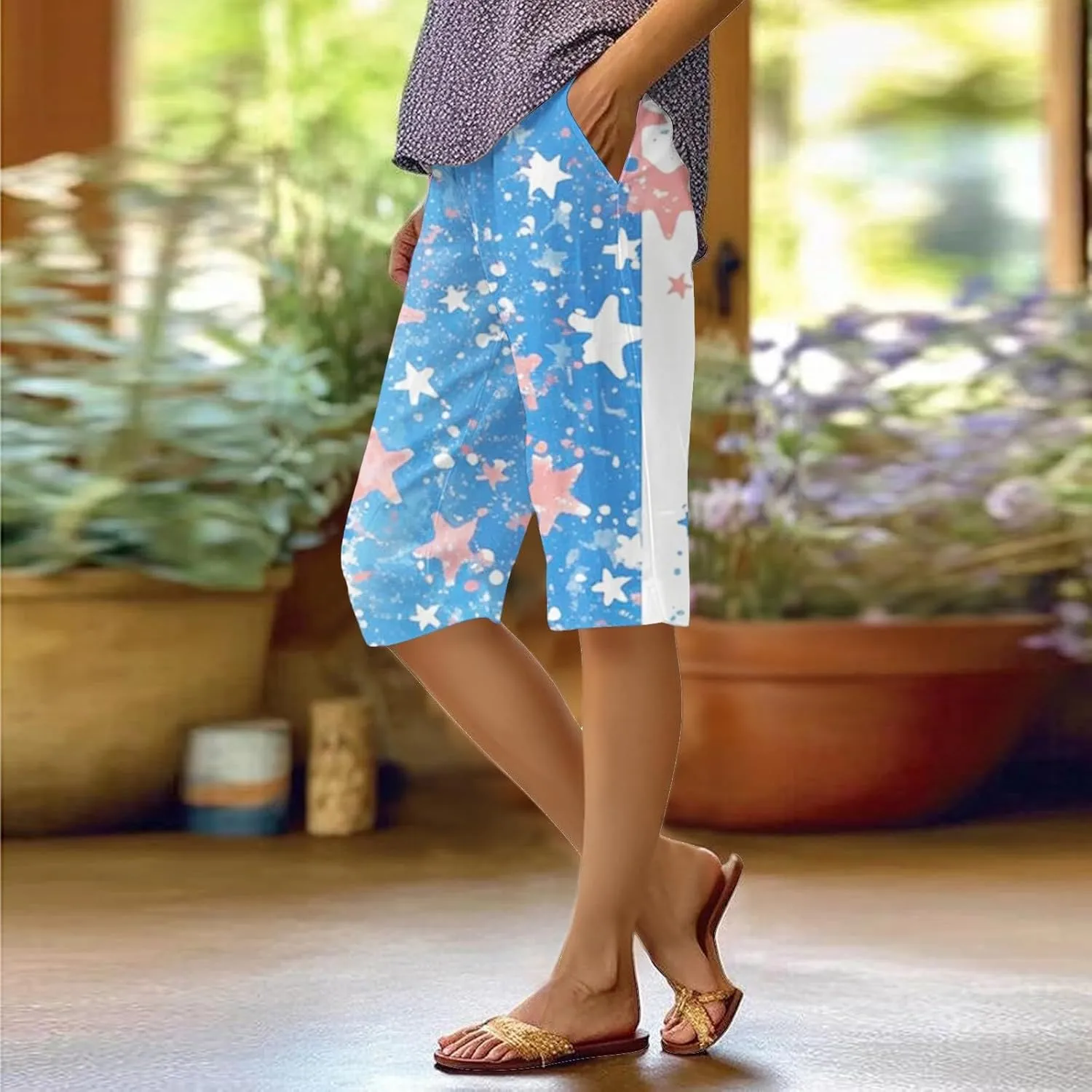 4th of July Linen Shorts for Women Knee Length Patriotic Bermuda Shorts Summer Casual Loose Beach Pants with Pockets