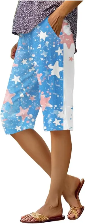 4th of July Linen Shorts for Women Knee Length Patriotic Bermuda Shorts Summer Casual Loose Beach Pants with Pockets