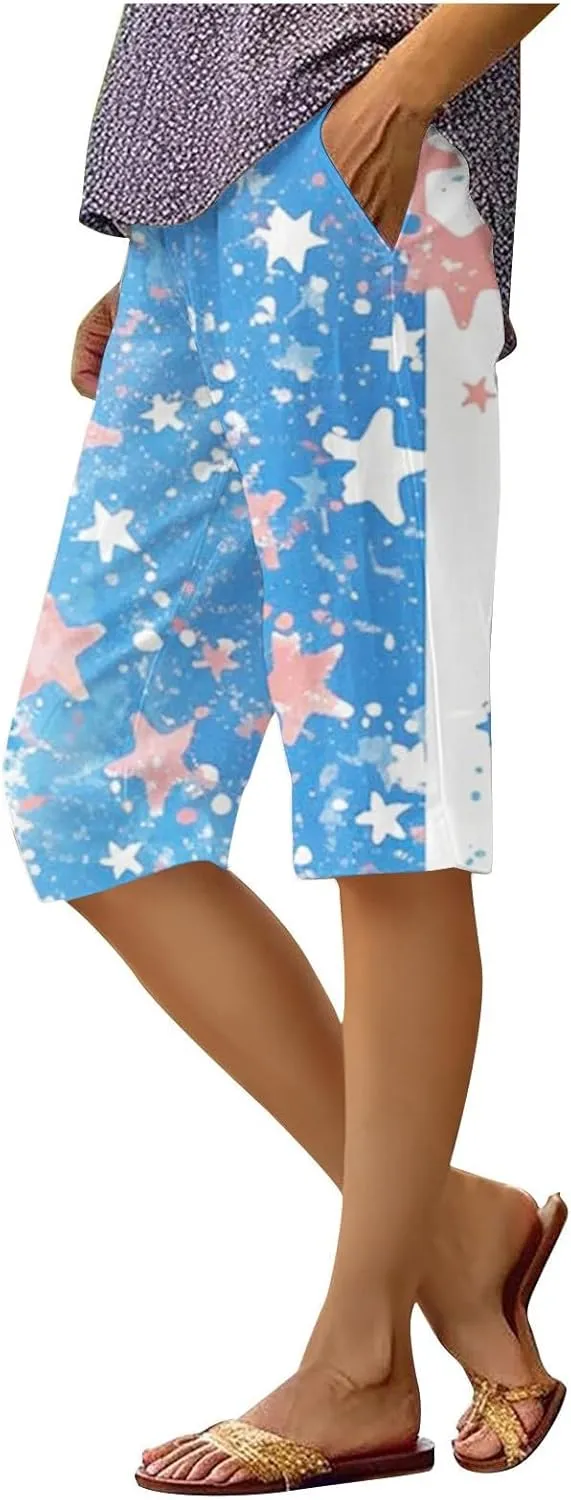 4th of July Linen Shorts for Women Knee Length Patriotic Bermuda Shorts Summer Casual Loose Beach Pants with Pockets