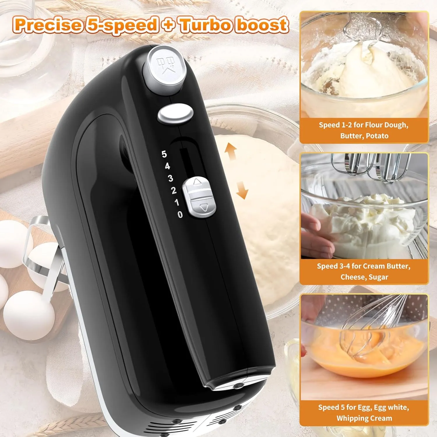 5-Speed 400W Hand Mixer, Turbo Boost & Storage Case, 2x Beaters, 2x Hooks, 1x Whisk (Black)