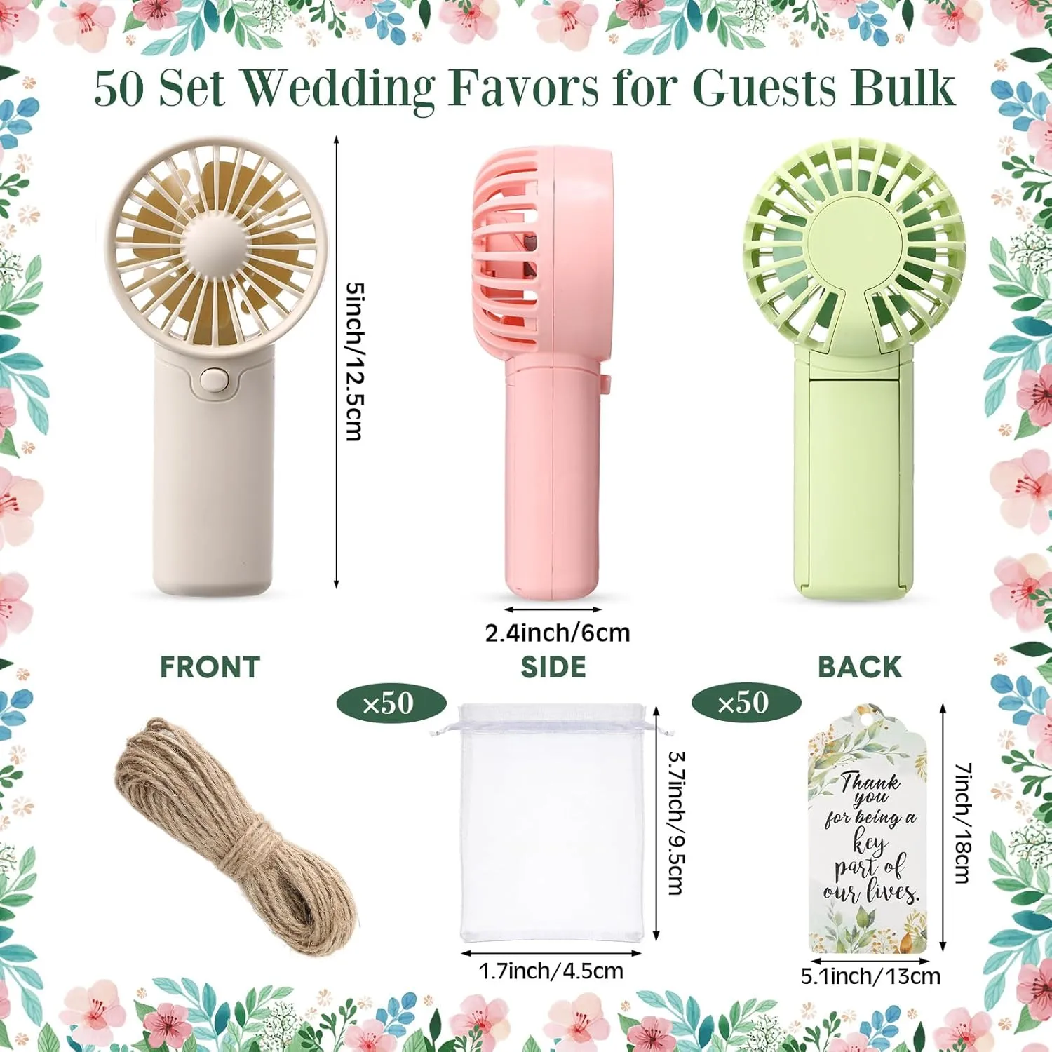 50 Set Wedding Mini Fans for Guests Portable Fan Handheld Bridesmaid Gifts Battery Operated Fans with Thank You Cards Organza Bags Small Summer Makeup Fan for Bridal Shower Wedding Gift