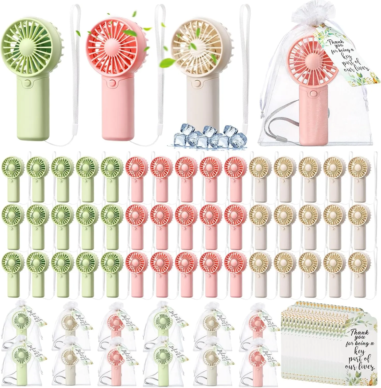 50 Set Wedding Mini Fans for Guests Portable Fan Handheld Bridesmaid Gifts Battery Operated Fans with Thank You Cards Organza Bags Small Summer Makeup Fan for Bridal Shower Wedding Gift