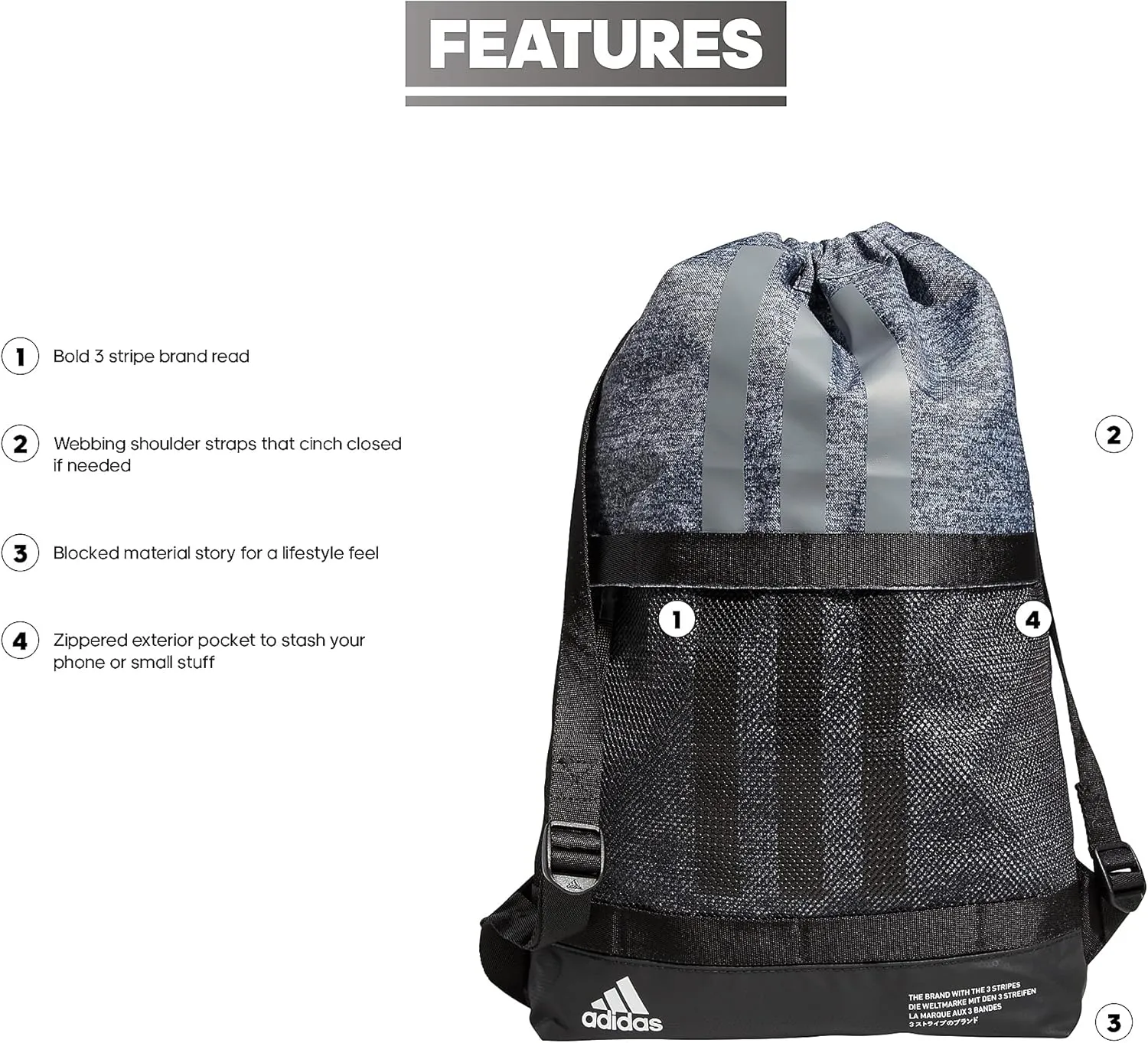 adidas Amplifier II Blocked Sackpack, Jersey Onix Grey/Black, One Size