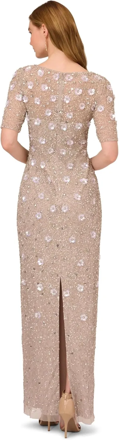Adrianna Papell Women's Beaded Long 3D Floral Dress